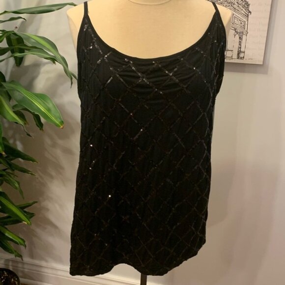 Jess Black Sequin Check Pattern Scoop Back Top - Picture 1 of 10
